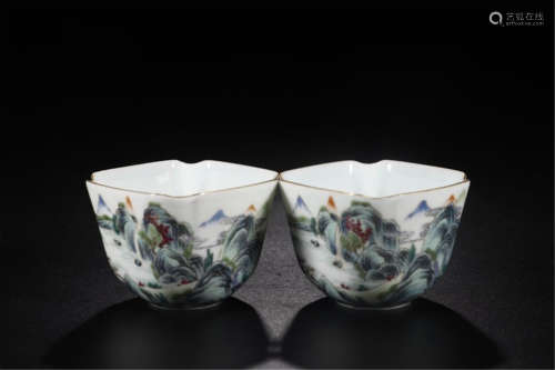 PAIR OF CHINESE PORCELAIN FAMILLE ROSE MOUNTAIN VIEWS SQUARE CUPS