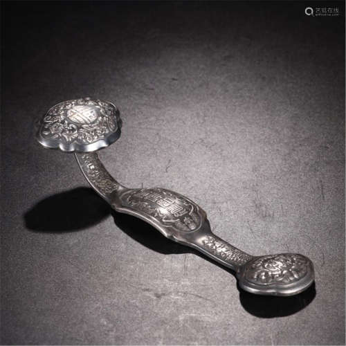 CHINESE SILVER BAT AND FLOWER RUYI SCEPTER