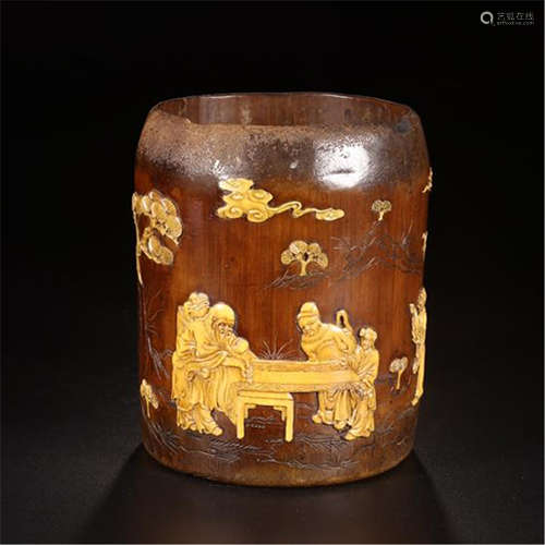 CHINESE BONE INLAID BAMBOO BRUSH POT