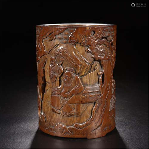 CHINESE BAMBOO CARVED MEN UNDER PINE BRUSH POT