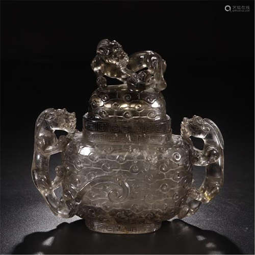 CHINESE BROWN ROCK CRYSTAL DRAGON HANDLE VASE