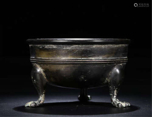 CHINESE BRONZE TRIPLE FEET ROUND CENSER