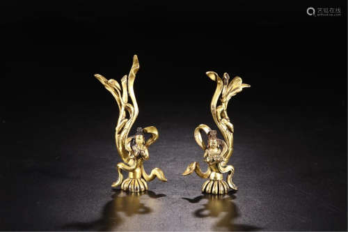 PAIR OF CHINESE GILT BRONZE FLYING BEAUTIES TABLE ITEM