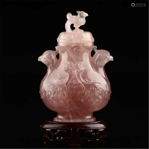 CHINESE QUARTZ PHOENIX LIDDED VASE