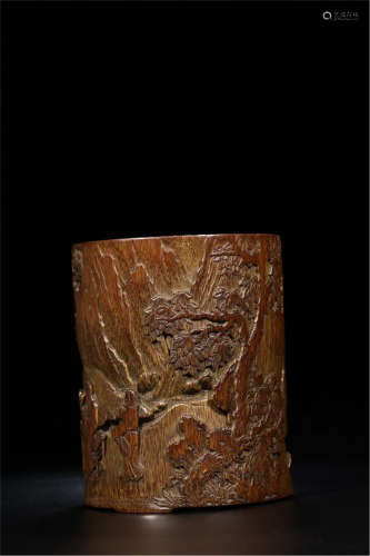 CHINESE BAMBOO CARVED MOUNTAIN VIEWS BRUSH POT