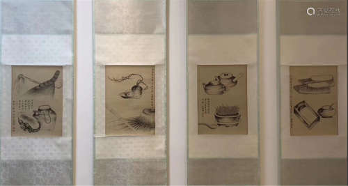 FOUR PAGES OF CHINESE SCROLL PAINTING OF ANTIQUE VESSELS