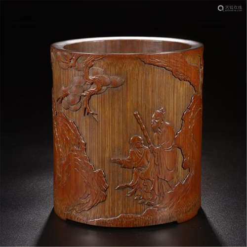 CHINESE BAMBOO CARVED MEN UNDER PIN BRUSH POT