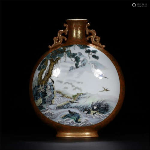 CHINESE PORCELAIN BROWN GROUND FAMILLE ROSE BIRD AND FLOWER MOONFLASK
