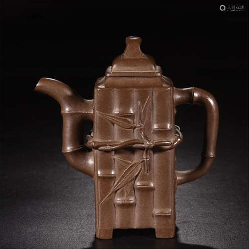 CHINESE YIXING ZISHA CLAY BAMBOO TEA POT