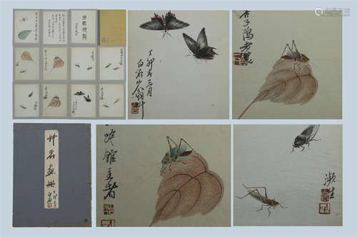 NINE PAGES OF CHINESE ALBUM PAINTING OF INSECT AND LEAF