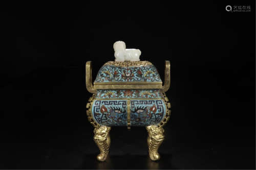 CHINESE CLOISONNE SQUARE LIDDED CENSER WITH JADE KNOT