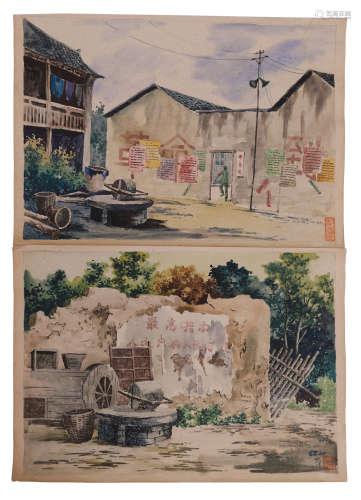 TWO PAGES OF CHINESE WATERCOLOR OF LANDSCAPE
