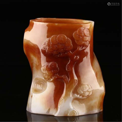 CHINESE AGATE PINE TREE BRUSH POT