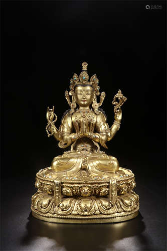 CHINESE GEM STONE INLAID GILT BRONZE SEATED GUANYIN