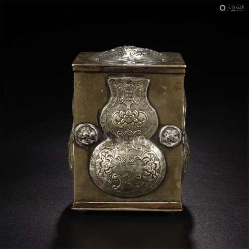CHINESE SILVER INLAID BRONZE SQUARE SEAL CASE