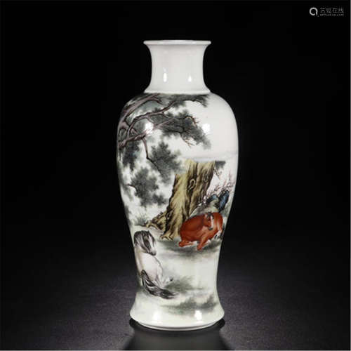 CHINESE PORCELAIN FAMILLE ROSE HORSE UNDER TREE VASE