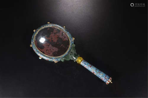 CHINESE CLOISONNE LONG HANDLE HAND MIRROR QING DYNASTY