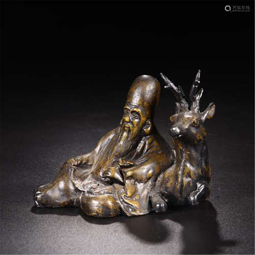 CHINESE BRONZE SEATED OLD MAN WITH DEER