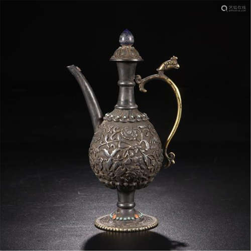 CHINESE SILVER FLOWER ENGRAVED KETTLE