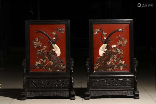 PAIR OF CHINESE GEM STONE INLAID CINNABAR PLAQUE INLAID ROSEWOOD TABLE SCREENS