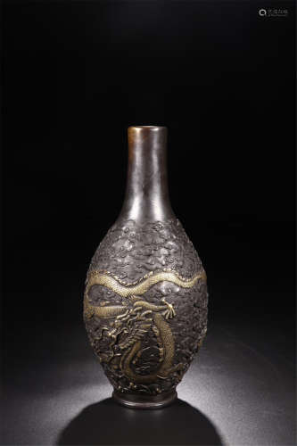 CHINESE GOLD INLAID BRONZE DRAGON VASE