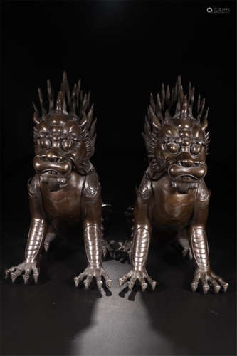 PAIR OF CHINESE BRONZE BEAST TABLE ITEMS