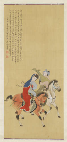 CHINESE SCROLL PAINTING OF BEAUTIES ON HORSE WITH CALLIGRAPHY