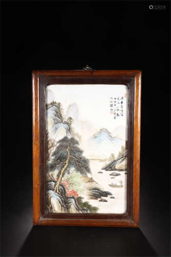 CHINESE PORCELAIN FAMILLE ROSE PLAQUE OF MOUNTAIN VIEWS