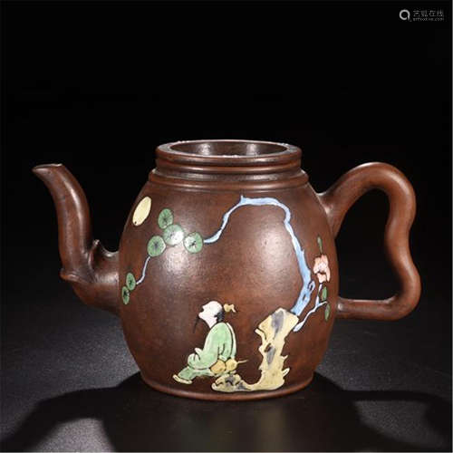 CHINESE COLOR PAINTED YIXING ZISHA CLAY TEA POT