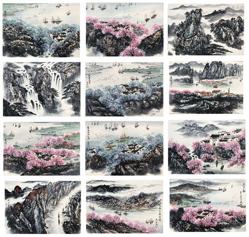 12 PAGES OF CHINESE ALBUM PAINTING OF MOUNTAIN VIEWS