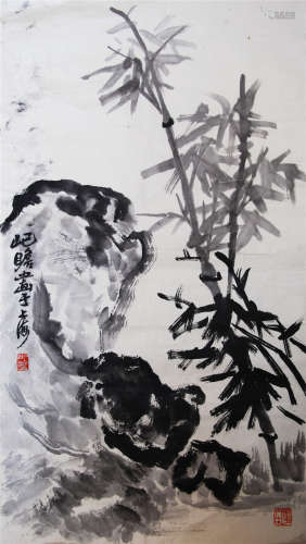 CHINESE SCROLL PAINTING OF ROCK AND BAMBOO