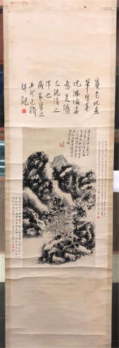 CHINESE SCROLL PAINTING OF MOUNTAIN VIEWS WITH CALLIGRAPHY