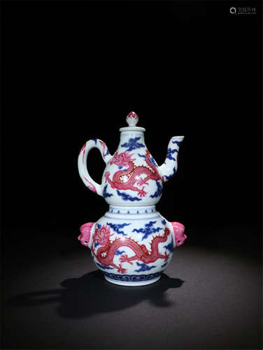 CHINESE PORCELAIN BLUE AND WHITE IRON RED DRAGON GOURD TEA POT