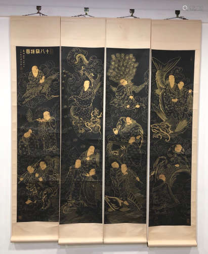 FOUR PANELS OF CHINESE SCROLL PAINTING OF EIGHTEEN LOHAN