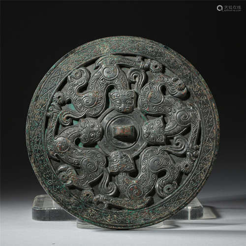 CHINESE ANCIENT BRONZE DRAGON ROUND MIRROR WARRING PERIOD