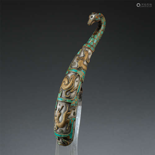 CHINESE GOLD SILVER TURQUOISE INLAID BRONZE DRAGON BELT HOOK