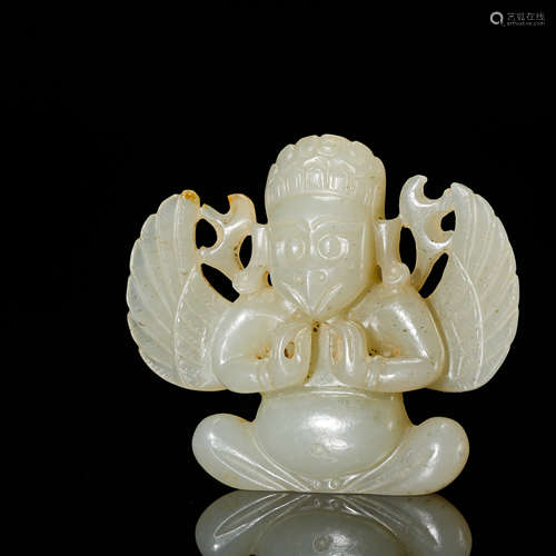 CHINESE WHITE JADE SEATED GOD OF BIRD MING DYNASTY