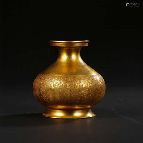 CHINESE PURE GOLD ENGRAVED FLOWRE VASE TANG DYNASTY