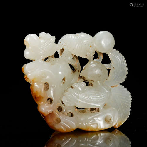 CHINESE WHITE JADE BIRD AND LOTUS PENDANT