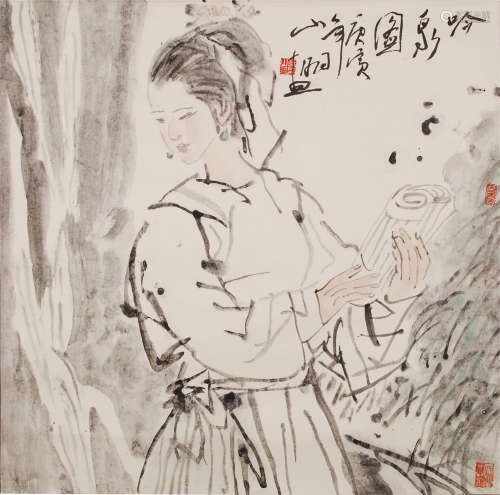 CHINESE SCROLL PAINTING OF BEAUTY WITH BOOK