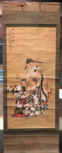 CHINESE SCROLL PAINTING OF OLD MEN WITH BOYS