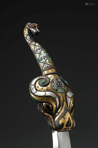 CHINESE GOLD SILVER INLAID BRONZE OX BELT HOOK HAN DYNASTY