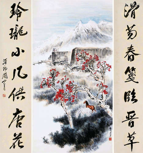 CHINESE SCROLL PAINTING OF MOUNTAIN VIEWS WITH CALLIGRAPHY COUPLET