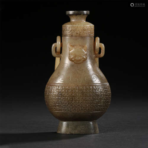 CHINESE ANCIENT JADE LONG HANDLE LIDDED VASE HAN DYNASTY