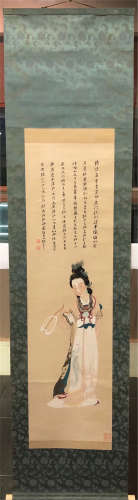 CHINESE SCROLL PAINTING OF BEAUTY WITH CALLIGRAPHY
