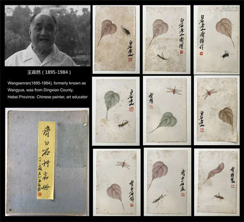 NINE PAGES OF CHINESE ALBUM PAINTING OF INSECT AND LEAF FROM FAMOUS COLLECTION OF WANGSENRAN