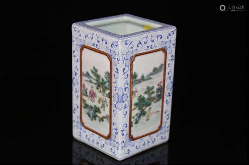 CHINESE PORCELAIN FAMILLE ROSE MOUNTAIN VIEWS SQUARE BRUSH POT