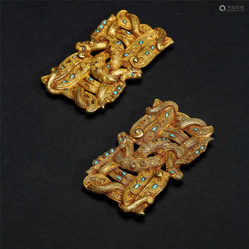 CHINESE TURQUOISE INLAID PURE GOLD DRAGON PLAQUES HAN DYNASTY