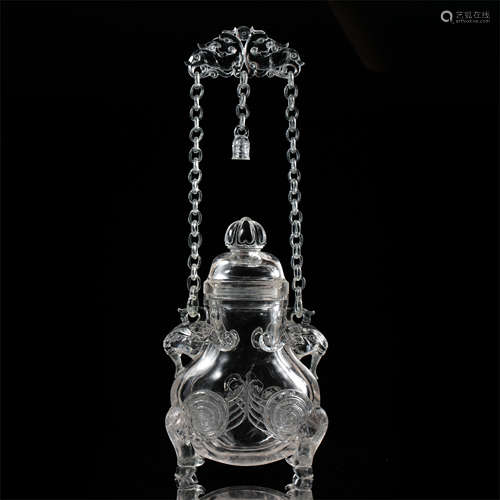 CHINESE ROCK CRYSTAL LONG CHAIN HANDLE LIDDED VASE