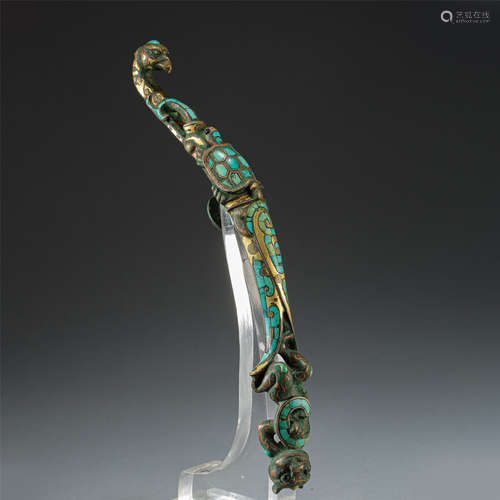 CHINESE GOLD TURQUOISE INLAID DRAGON BELT HOOK HAN DYNASTY